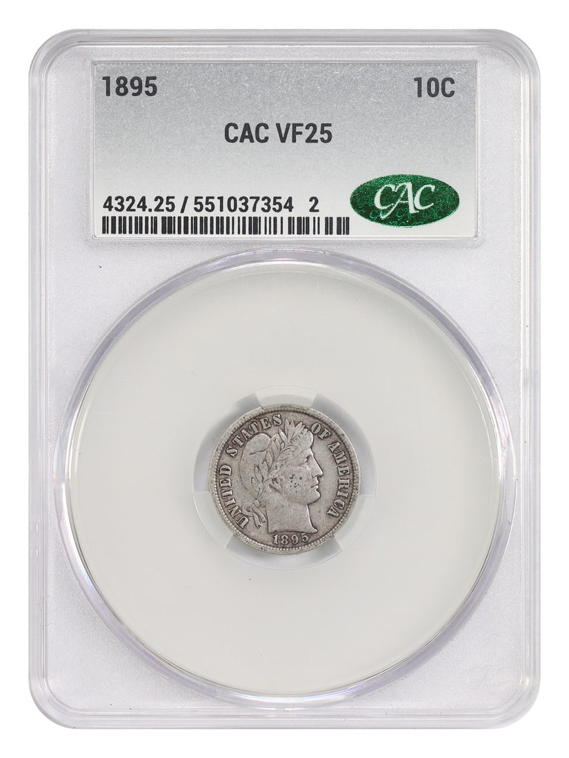 1895 10C CACG VF25 - Barber Dime Key Date P-Mint: 1895 10C CACG VF25 - Barber Dime Key Date P-Mint A rare and highly sought-after 1895 Barber dime, graded VF25 by the CACG, boasts a striking key date design on the reverse, making it a standout among