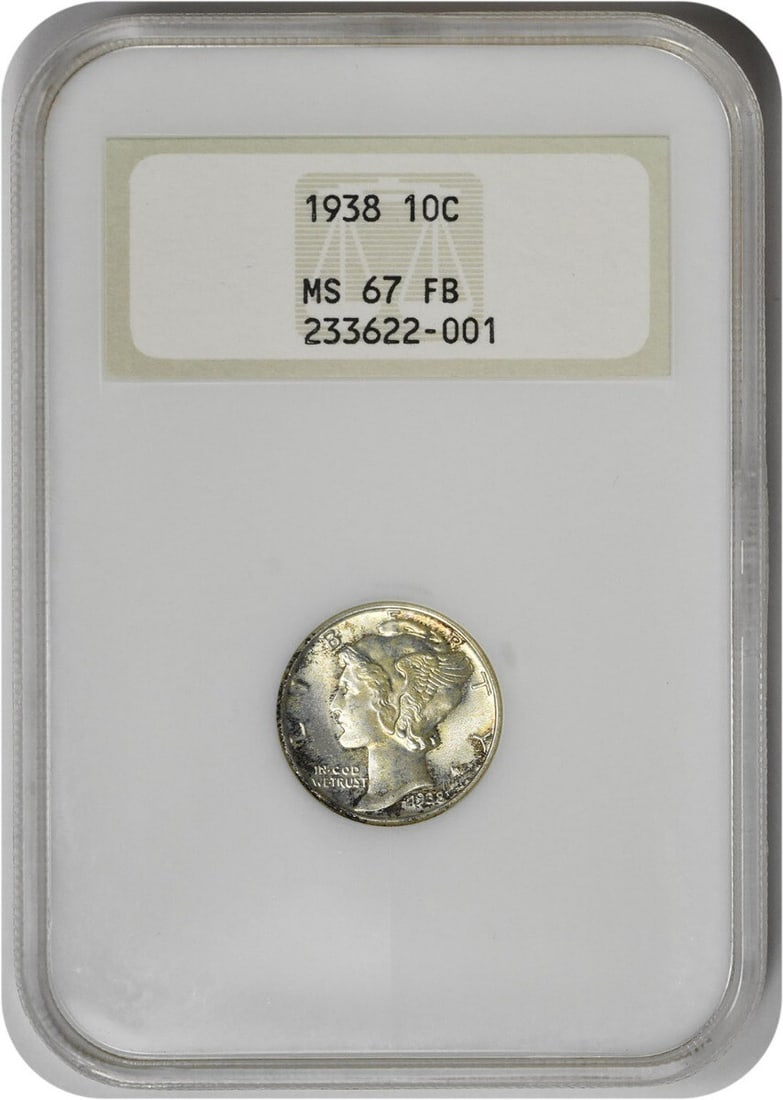 NGC 1938 Mercury Silver Dime MS67FB: NGC 1938 Mercury Silver Dime MS67FB Experience the exceptional craftsmanship and historical significance of this 1938 Mercury Silver Dime, graded MS67 by the Numismatic Guaranty Corporation (NGC). Wit