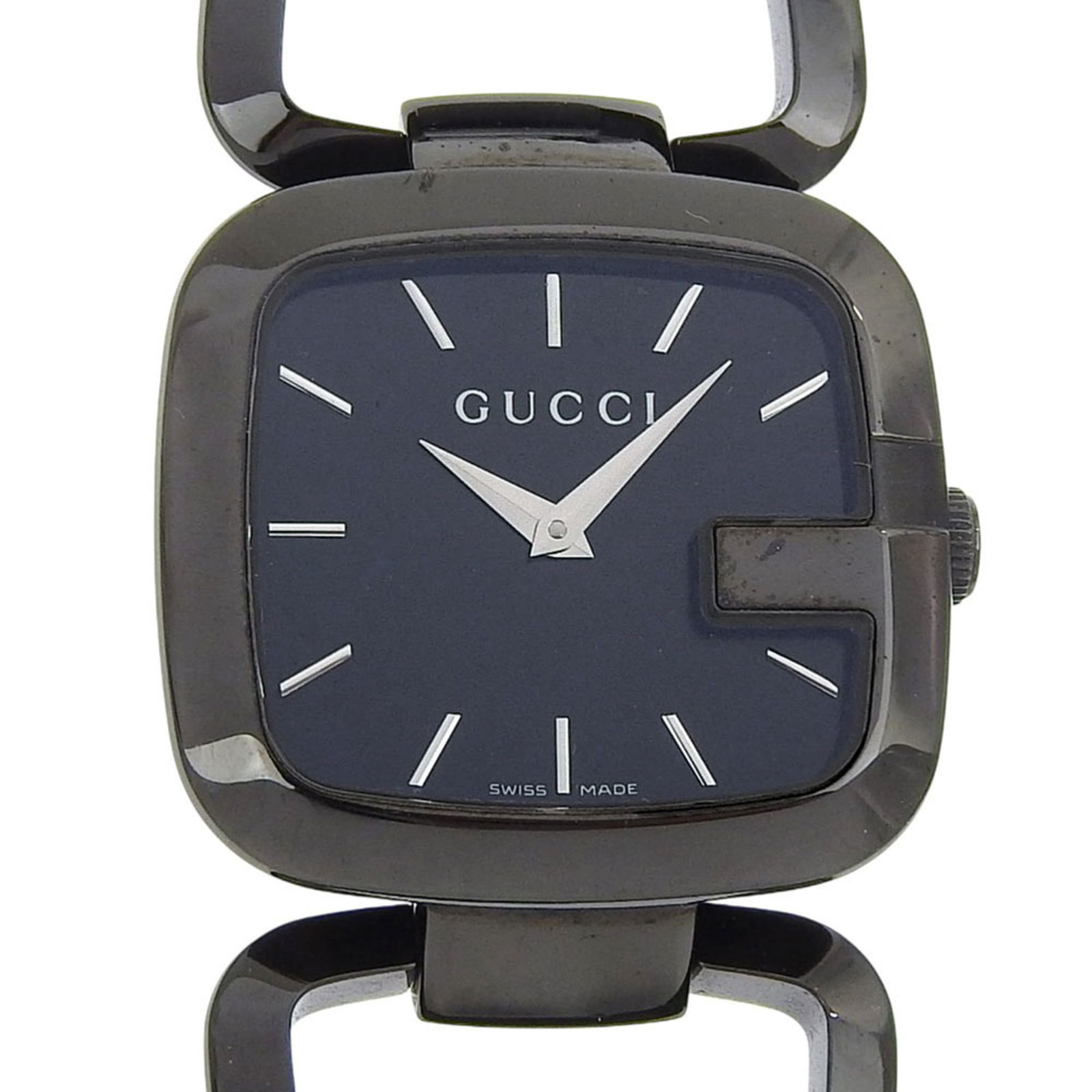Wristwatch Gucci: Wristwatch Gucci A sleek and sophisticated Gucci wristwatch, perfect for the modern woman who values timeless style, boasts a stainless steel case and band, complemented by a striking black dial. With