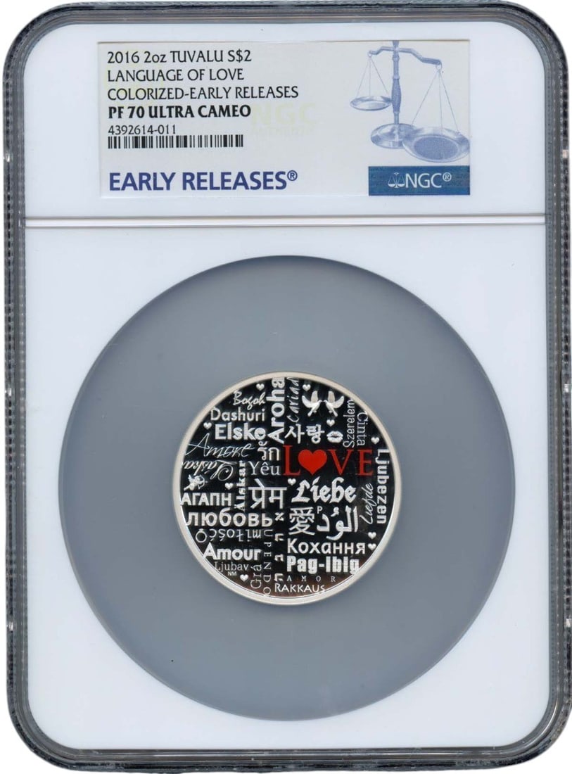 PR70DCAM 2016 2oz TUVALU LANGUAGE OF LOVE COLORIZED-EARLY RELEASES S$2 NGC: PR70DCAM 2016 2oz TUVALU LANGUAGE OF LOVE COLORIZED-EARLY RELEASES S$2 NGC A rare and highly sought-after Tuvaluan coin, the PR70DCAM 2016 2oz Language of Love colorized release is a true numismatic g