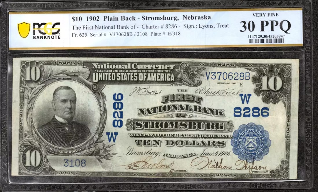 1902 First National Banknote, PCGS 30 PPQ, Nebraska, Stromsburg, Fr. 625: 1902 First National Banknote, PCGS 30 PPQ, Nebraska, Stromsburg, Fr. 625 Rarity and condition make this 1902 $10 First National Banknote truly exceptional, boasting a PCGS 30 PPQ grade that verifies i