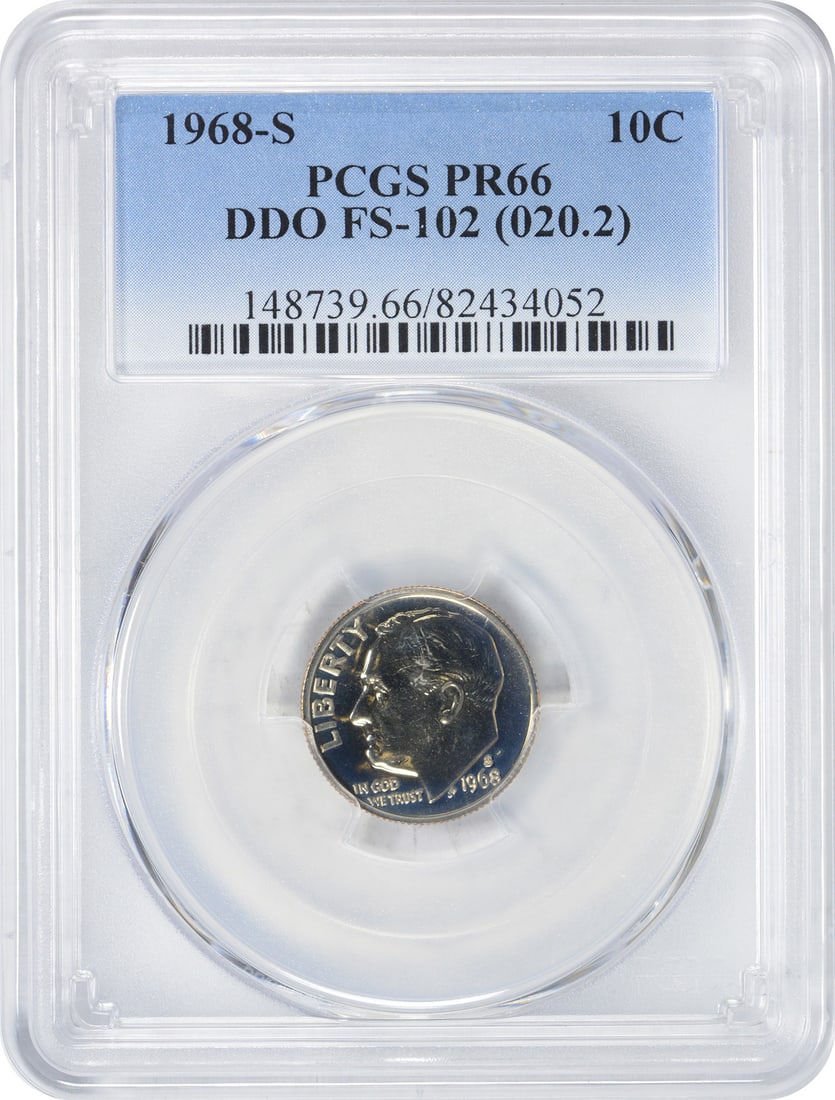 1968-S Roosevelt Dime (FS-102) PR66 PCGS: 1968-S Roosevelt Dime (FS-102) PR66 PCGS Experience the beauty of American history with this stunning 1968-S Roosevelt Dime, graded PR66 by PCGS. Struck in San Francisco and boasting a striking proof