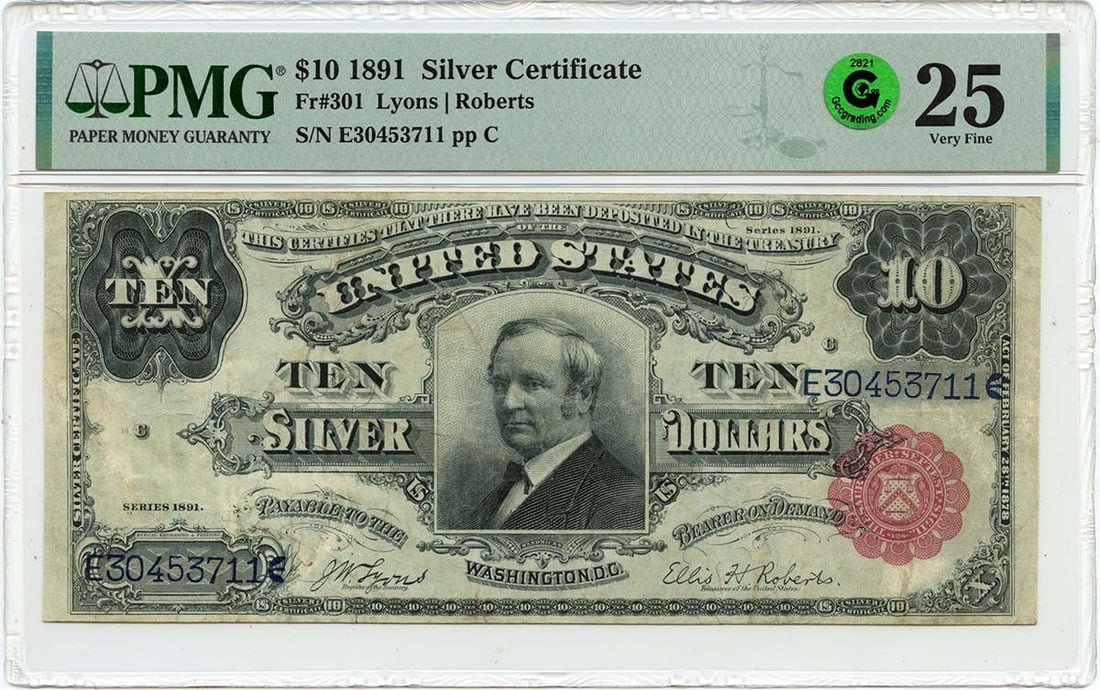1891 $10 Silver Certificate - Tombstone Fr# 301, PMG VF25, GCC Green: 1891 $10 Silver Certificate - Tombstone Fr# 301, PMG VF25, GCC Green Experience the charm of the Wild West with this 1891 $10 Silver Certificate, graded PMG VF25 and certified by the Gem Coin Certific
