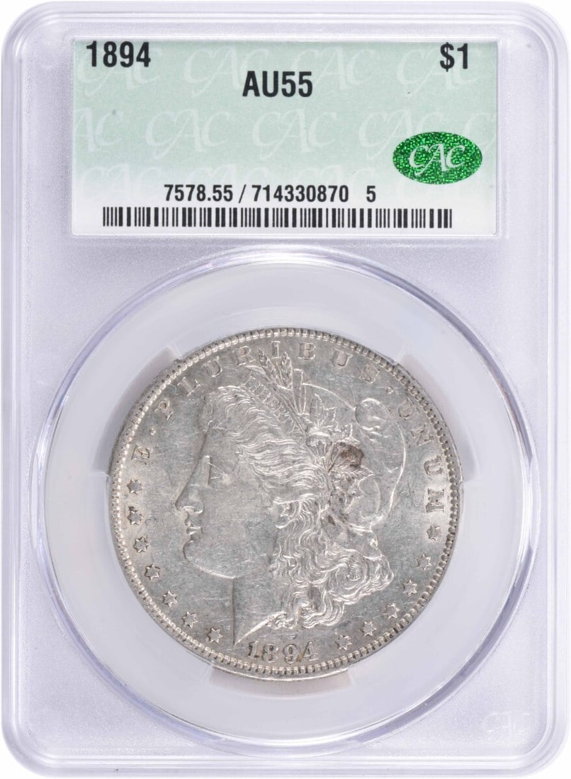 1894 Morgan Silver Dollar - AU55 CACG: 1894 Morgan Silver Dollar - AU55 CACG A rare and beautiful 1894 Morgan Silver Dollar, graded AU55 by CACG, boasts stunning luster and intricate details that showcase its rich history. As one of the mo