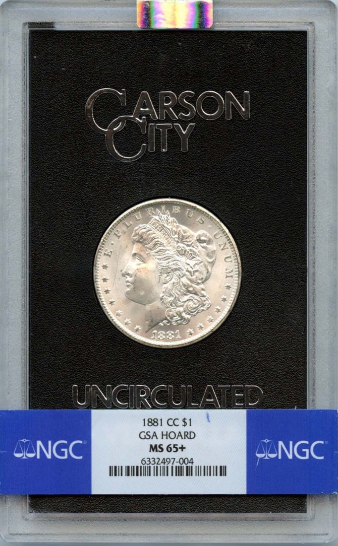 MS65+ 1881-CC Morgan Dollar GSA HOARD S$1 NGC: MS65+ 1881-CC Morgan Dollar GSA HOARD S$1 NGC A rare and highly sought-after 1881-CC Morgan Dollar, certified MS65+ by the Numismatic Guaranty Corporation (NGC), is up for auction. This stunning examp