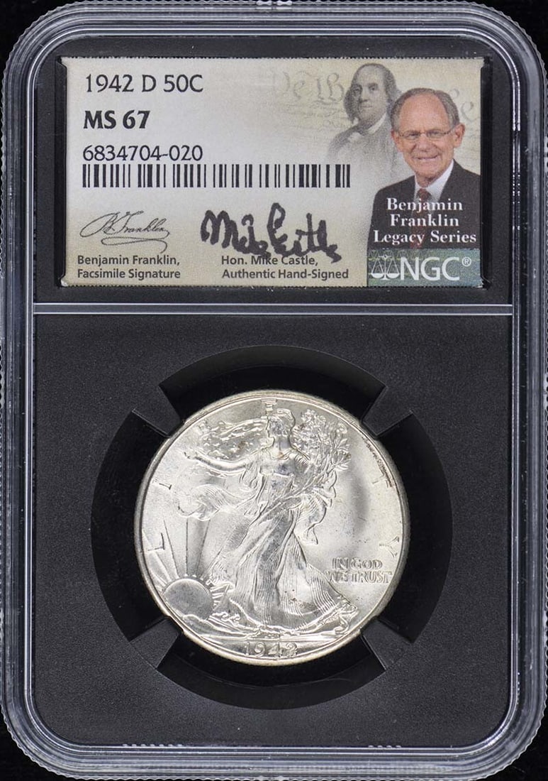 1942-D Walking Liberty Half Dollar (50c) MS67: 1942-D Walking Liberty Half Dollar (50c) MS67 Experience the iconic Walking Liberty Half Dollar from 1942, certified MS67 by NGC. This stunning coin boasts exceptional detail and luster, showcasing it