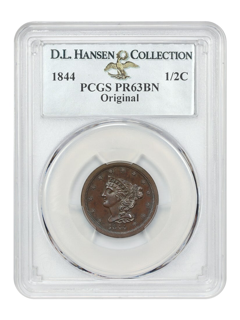 Hansen 1844 1/ 2C PCGS PR63BN (Original) ex: D.L.: Hansen 1844 1/ 2C PCGS PR63BN (Original) ex: D.L. A stunning example of the Braided Hair Half Cent, graded PR63BN by PCGS, boasts exceptional condition and rarity. Certified as an original 1844 issue,