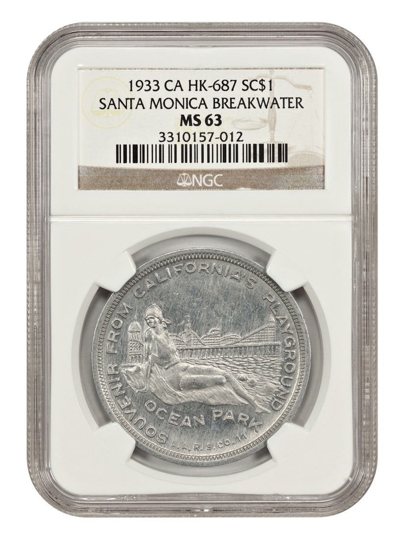 So-Called Dollars - 1933 CA SC$1 Santa Monica Breakwater NGC MS63 (HK-687): So-Called Dollars - 1933 CA SC$1 Santa Monica Breakwater NGC MS63 (HK-687) Experience the rarest of So-Called Dollars, the 1933 CA SC$1 Santa Monica Breakwater, graded MS63 by the NGC. This uncirculat