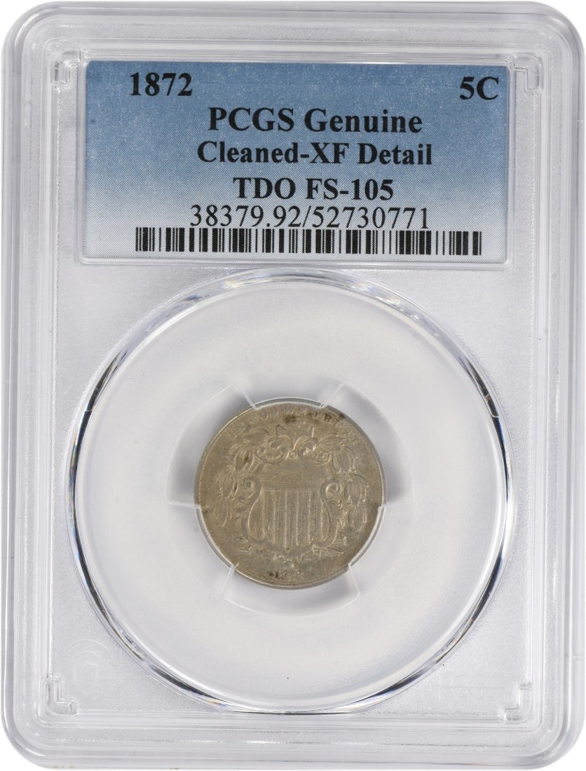1872 Shield Nickel TDO FS-105 PCGS EF Detail: 1872 Shield Nickel TDO FS-105 PCGS EF Detail Experience the rich history of the American Shield Nickel, minted in 1872 and certified by PCGS as EF Detail, one of the finest circulated examples of this