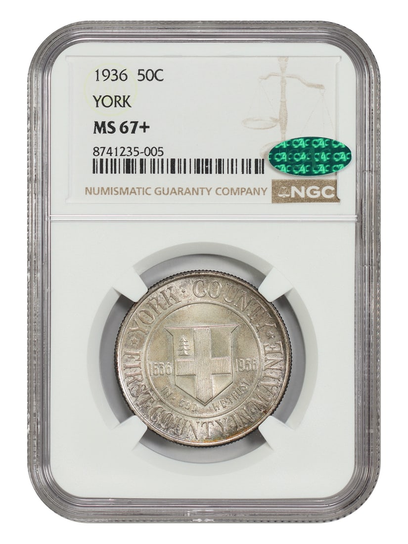 NGC/ CAC MS67+ 1936 50C York Silver Commemorative: NGC/ CAC MS67+ 1936 50C York Silver Commemorative A rare and highly sought-after 1936 50C York Silver Commemorative coin, graded MS67+ by the Numismatic Guaranty Corporation (NGC), boasts exceptional