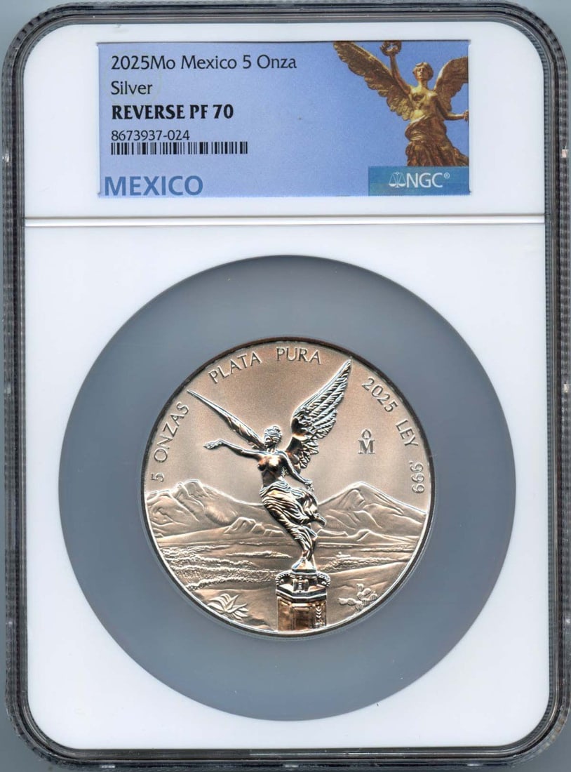 600 2025 Mo Mexico 5 Onza Libertad Silver NGC PF70 Reverse Proof Low Mintage: 600 2025 Mo Mexico 5 Onza Libertad Silver NGC PF70 Reverse Proof Low Mintage Experience the allure of Mexico's finest silver coinage with this 2025 Mo Mexico 5 Onza Libertad Reverse Proof, boasting an