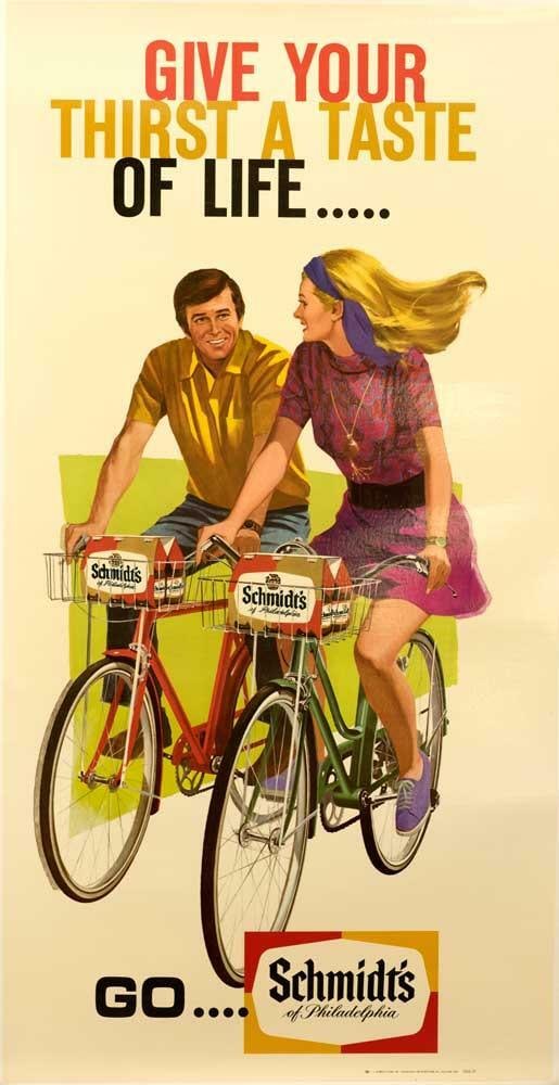 Original Schmidts Beer Poster With Bicyclists Circa 1960: Original Schmidts Beer Poster With Bicyclists Circa 1960 A rare and iconic vintage poster from the 1960s, this original Schmidts Beer advertisement showcases cyclists enjoying a cold brew in New York