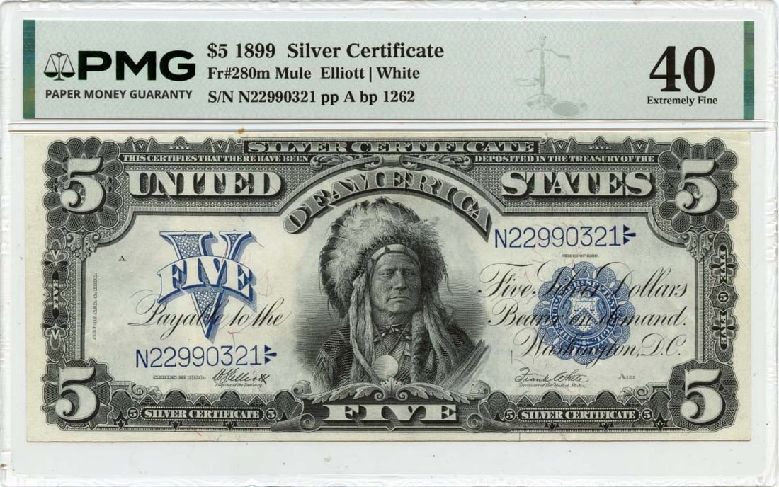 1899 $5 Silver Certificate, FR#280m, Mule PMG XF40 Choice Chief: 1899 $5 Silver Certificate, FR#280m, Mule PMG XF40 Choice Chief Rarity seekers, take note! This 1899 $5 Silver Certificate is a true gem, boasting the elusive PMG XF40 Choice Chief designation and fea
