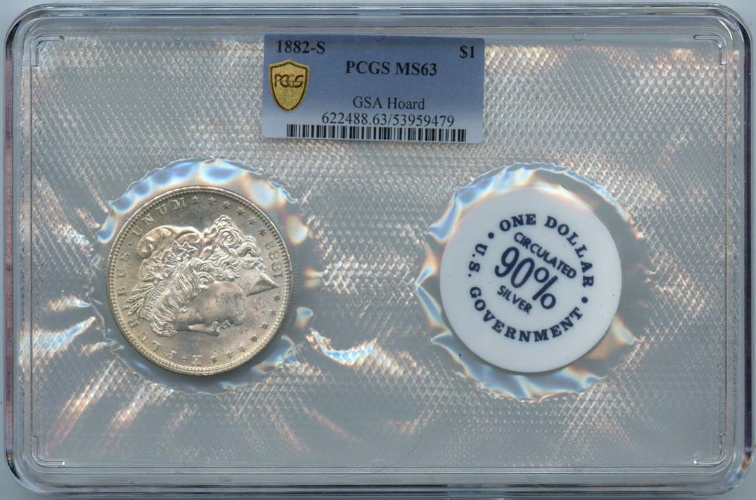 1882-S Morgan Dollar, $1 GSA Soft Pack, PCGS MS63: 1882-S Morgan Dollar, $1 GSA Soft Pack, PCGS MS63 A rare and highly sought-after 1882-S Morgan Dollar, graded MS63 by PCGS, is up for auction. This uncirculated coin, certified by the numismatic autho