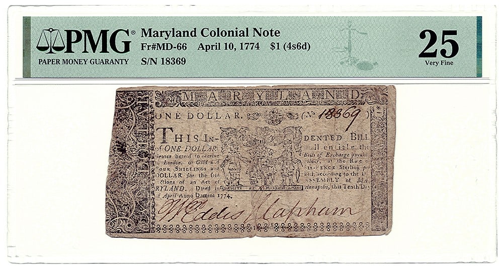 1774 $1 (4 Shillings & 6 Pence) Maryland Colonial Note PMG V - FR. MD-66 April 10: 1774 $1 (4 Shillings & 6 Pence) Maryland Colonial Note PMG V - FR. MD-66 April 10 A rare and highly sought-after piece of American history, this 1774 $1 Maryland Colonial Note is certified by PMG as b