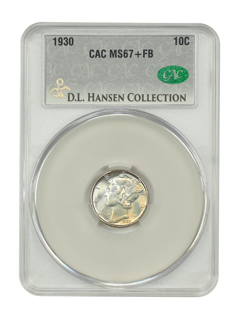 Mercury Dime - 1930 10C CACG MS67+FB ex: D.L. Hansen: Mercury Dime - 1930 10C CACG MS67+FB ex: D.L. Hansen A stunning example of the iconic Mercury dime, graded MS67+FB by CACG, boasts exceptional condition and luster. Certified as uncirculated, this 193