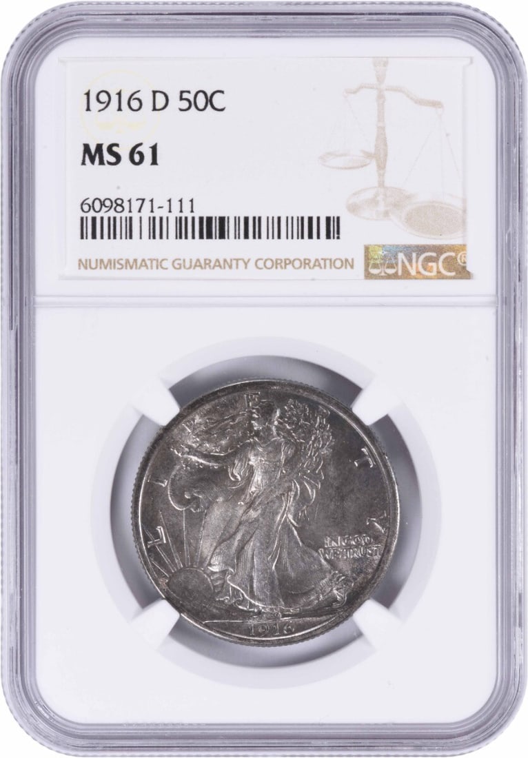 1916-D Walking Liberty Half Dollar MS61 NGC: 1916-D Walking Liberty Half Dollar MS61 NGC Experience the beauty of the 1916-D Walking Liberty Half Dollar, graded MS61 by NGC and certified as circulated. With its stunning design featuring Adolph A