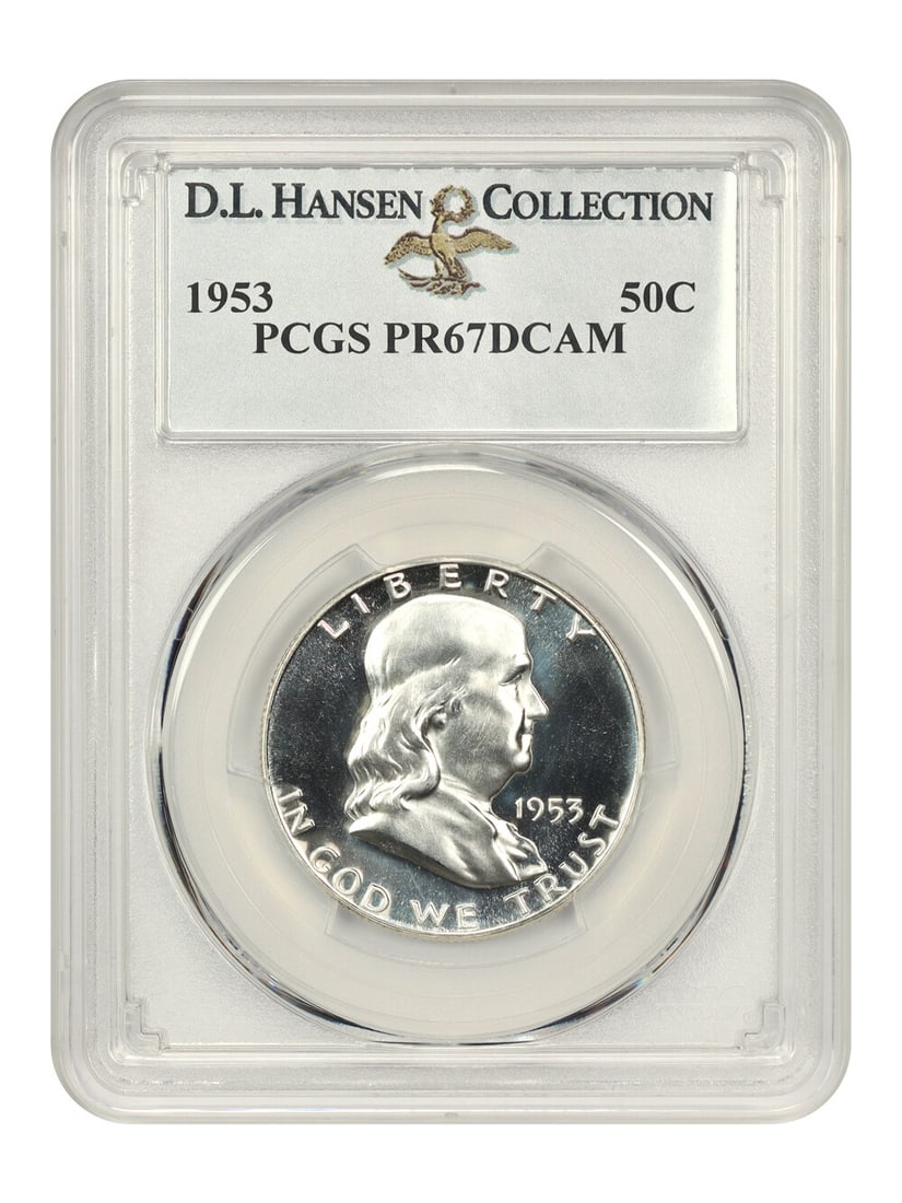 1953 50c PCGS Proof 67 DCAM Ex D.L. Hansen: 1953 50c PCGS Proof 67 DCAM Ex D.L. Hansen A rare and highly sought-after 1953 Franklin Half Dollar, graded PCGS Proof 67 DCAM by renowned collector D.L. Hansen. This stunning coin boasts exceptional