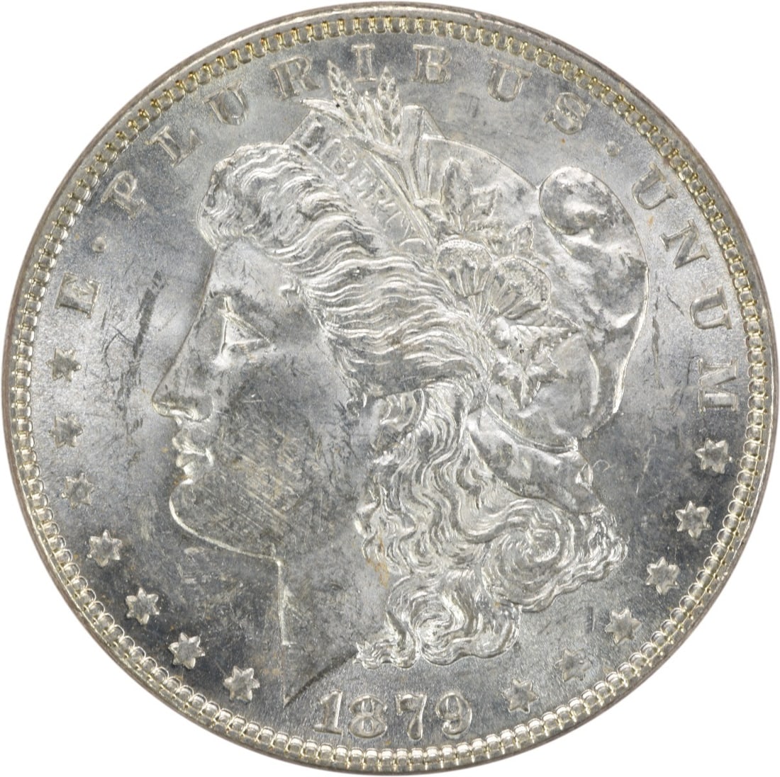 Morgan Silver Dollar (1879) - BU Uncertified: Morgan Silver Dollar (1879) - BU Uncertified A rare and highly sought-after 1879 Morgan Silver Dollar, certified as Uncirculated by the US Mint, boasts a stunning BU grade and is a true collector's ge