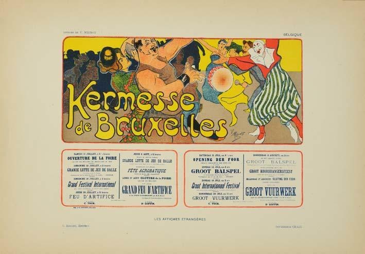 1897 Original Vintage Poster Kermesse By Mignot For Affiches Etrangeres: 1897 Original Vintage Poster Kermesse By Mignot For Affiches Etrangeres Experience the elegance of Art Nouveau with this rare 1897 vintage poster by Mignot, featuring a stunning depiction of a Kermess
