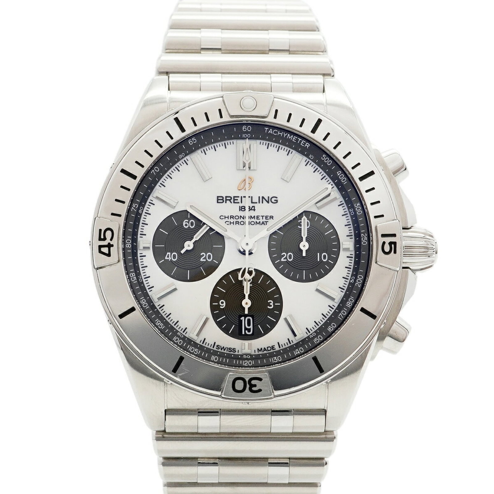 Wristwatch Breitling: Wristwatch Breitling A pre-owned Breitling wristwatch, crafted from durable stainless steel and boasting a crisp white dial, sits atop a 43mm shell case, perfect for those who value classic style with