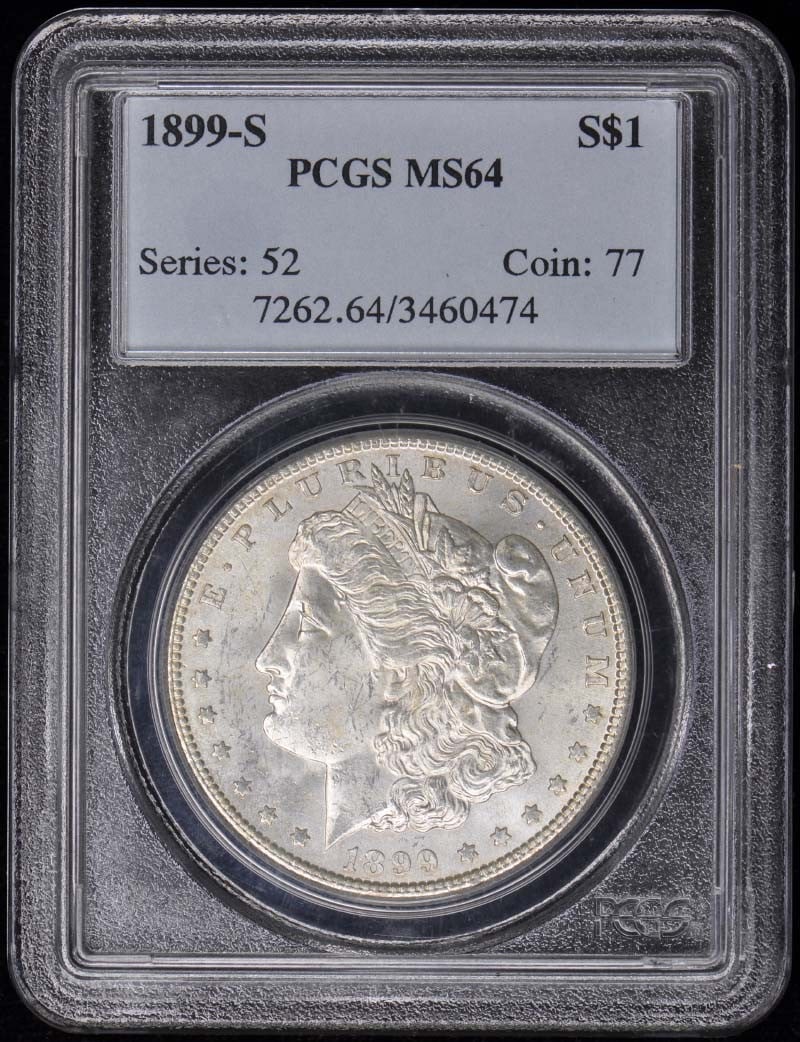 1899-S $1 Morgan Dollar - PCGS MS64: 1899-S $1 Morgan Dollar - PCGS MS64 Experience the majesty of the 1899-S Morgan Dollar, certified MS64 by PCGS, in uncirculated condition. This rare coin boasts stunning details and a rich history, ma
