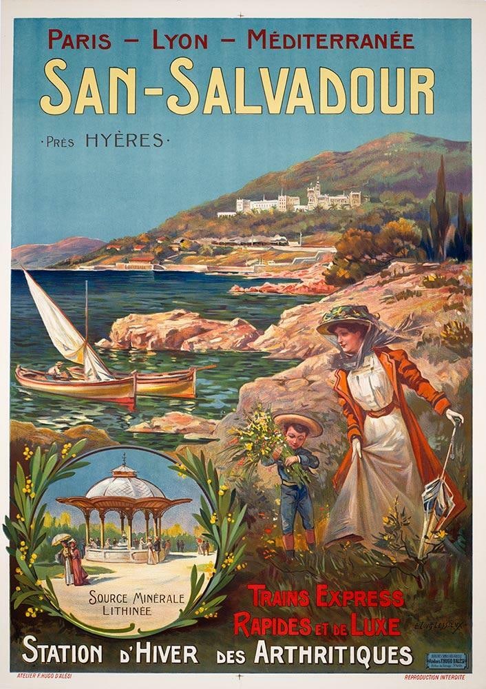 1900 French Travel San Salvadour Near Hyeres South Of France Plm Source Minerale: 1900 French Travel San Salvadour Near Hyeres South Of France Plm Source Minerale Experience the elegance of early 20th-century travel with this stunning Art Nouveau poster from Hugo D'Alesi, created i