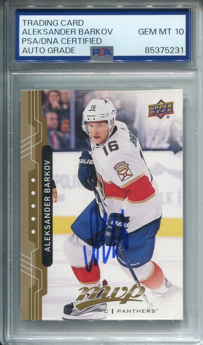 Aleksander Barkov Autographed Upper Deck Card (PSA Auto Grade 10): Aleksander Barkov Autographed Upper Deck Card (PSA Auto Grade 10) Own a piece of NHL history with the autographed Aleksander Barkov Upper Deck card, graded by PSA with a perfect 10 auto grade. This hi