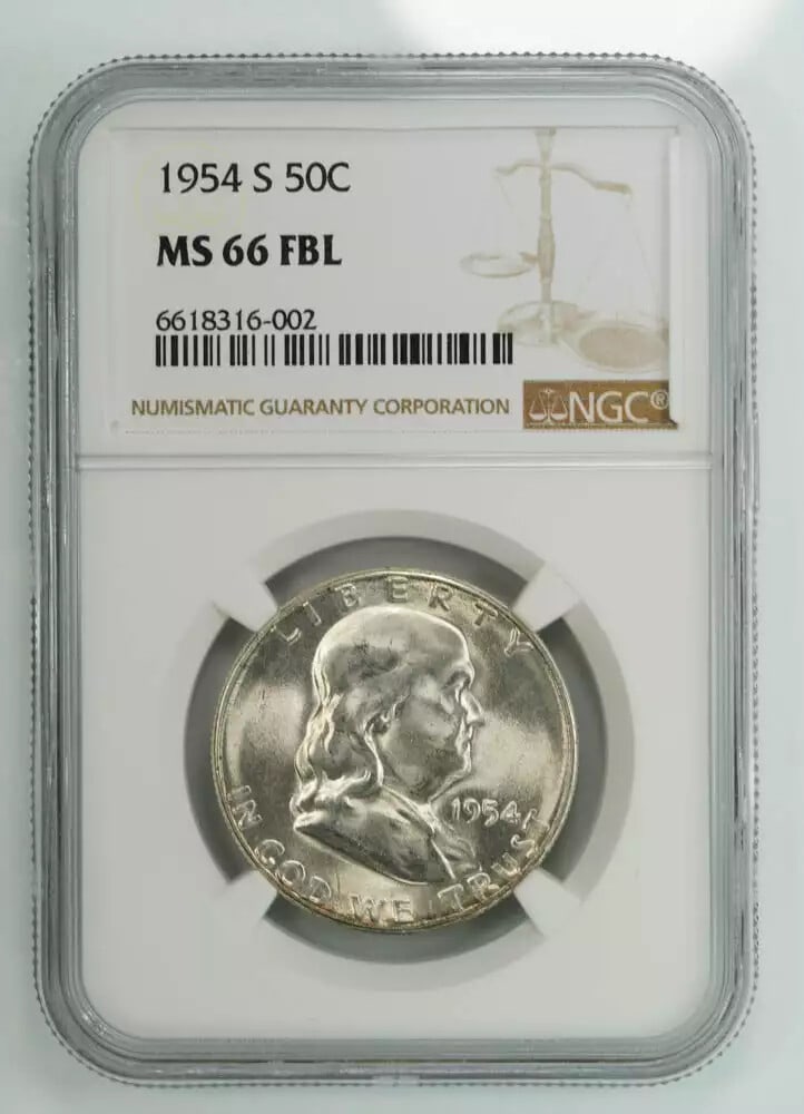 1954 S Franklin Half Dollar 50c NGC MS 66 FBL Mint Unc with Full Bell Lines: 1954 S Franklin Half Dollar 50c NGC MS 66 FBL Mint Unc with Full Bell Lines Experience the beauty of America's 50th anniversary with this stunning 1954 S Franklin Half Dollar, certified MS 66 by NGC a