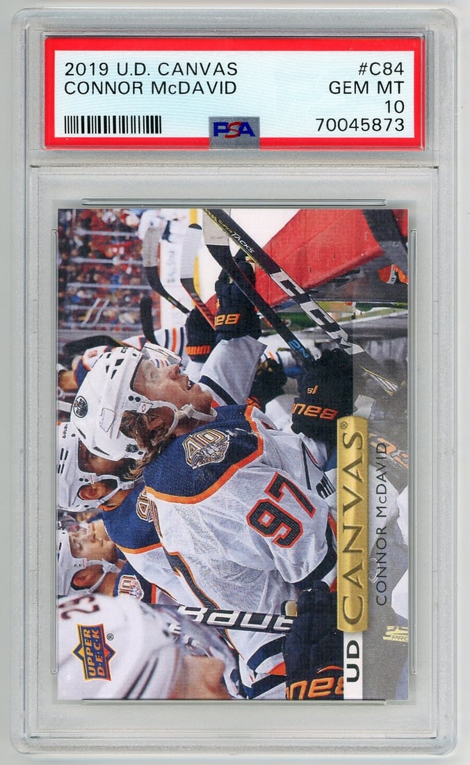 10 Connor McDavid 2019 UD Canvas #C84 PSA MT: 10 Connor McDavid 2019 UD Canvas #C84 PSA MT Get ready to elevate your Connor McDavid collection with this rare 2019 UD Canvas autograph card, graded Mint (10) by the PSA and boasting Connor McDavid's