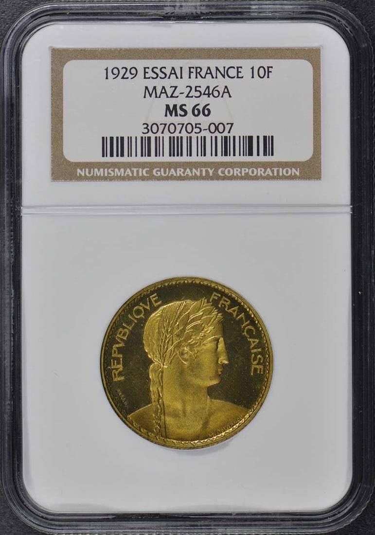 MS66 1929 France Essai 10F Maz-2546A NGC: MS66 1929 France Essai 10F Maz-2546A NGC Experience the rare beauty of France's 1929 Essai 10F, graded MS66 by NGC, one of the finest examples of this highly sought-after coin. With its unique Maz-254