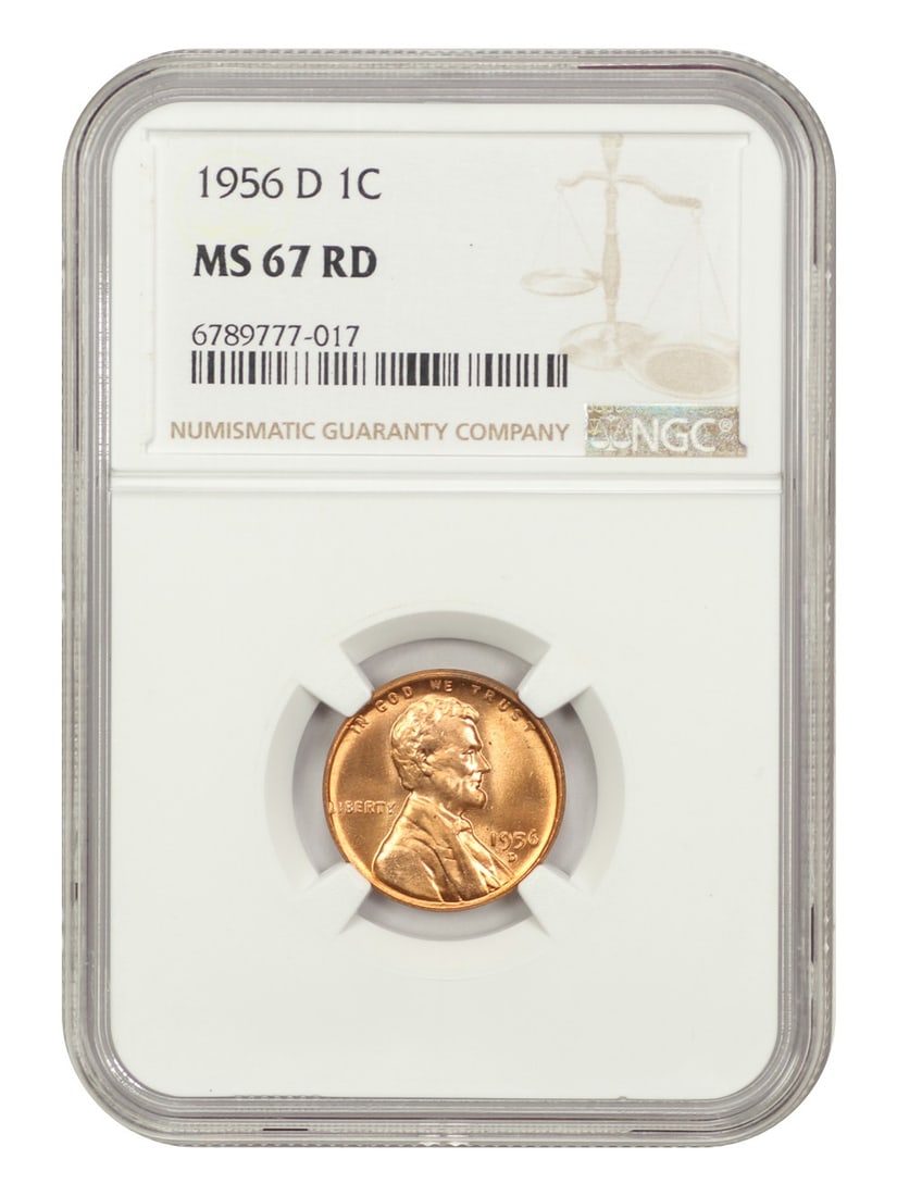 MS67RD 1956-D 1C NGC: MS67RD 1956-D 1C NGC A stunning example of American numismatics, the MS67RD 1956-D 1C NGC boasts exceptional condition and rarity, with its NGC certification verifying its authenticity and grade of 67