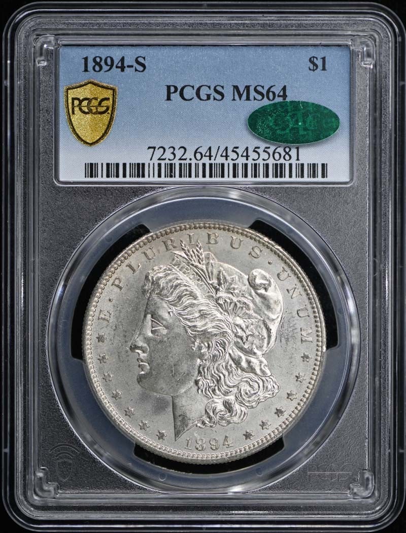 1894-S Morgan Dollar MS64 PCGS CAC: 1894-S Morgan Dollar MS64 PCGS CAC Experience the majesty of the 1894-S Morgan Dollar, one of the most iconic coins in American numismatics. This stunning MS64 specimen, certified by PCGS and CAC, boa
