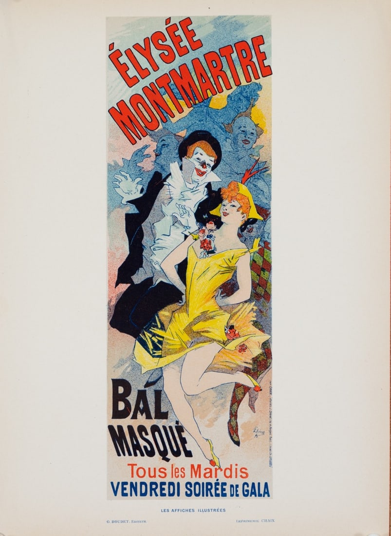 Lithograph Cheret Elysee Montmartre 1894 Les Affiches Illustrees: Lithograph Cheret Elysee Montmartre 1894 Les Affiches Illustrees Experience the vibrant Art Nouveau style of Jules Cheret in this rare 1894 Lithograph, Les Affiches Illustrees, showcasing the iconic P