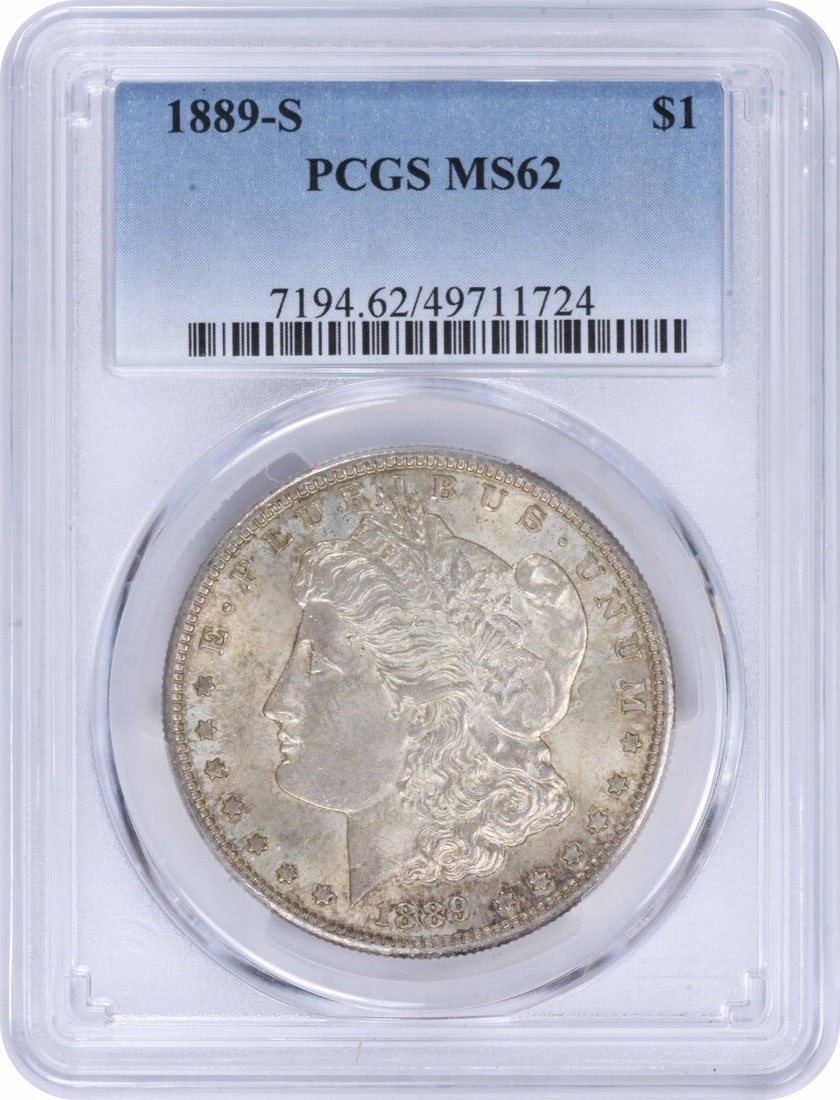 PCGS 1889-S Morgan Silver Dollar MS62: PCGS 1889-S Morgan Silver Dollar MS62 Experience the majesty of the 1889-S Morgan Silver Dollar, certified by PCGS as MS62, with its striking reeded edge and majestic George T. Morgan design. This hig