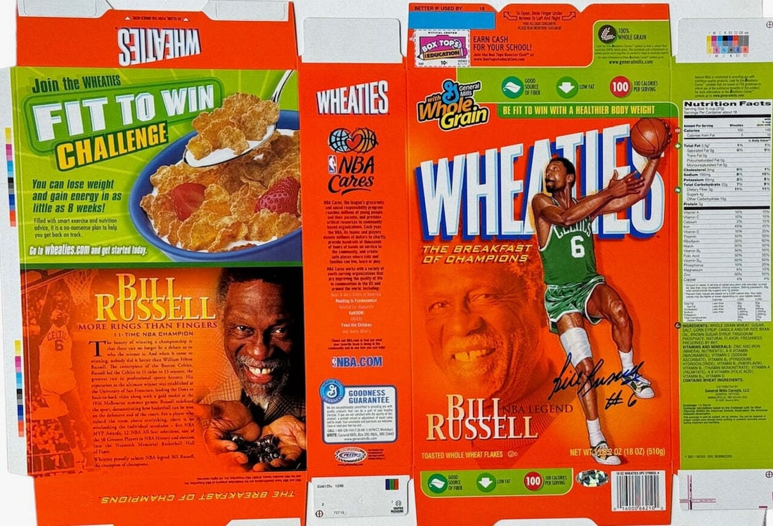 Flat Bill Russell Autographed Wheaties Cereal Box: Flat Bill Russell Autographed Wheaties Cereal Box Get ready to elevate your sports memorabilia collection with this unique and iconic Wheaties cereal box signed by the legendary Bill Russell, a 6-time