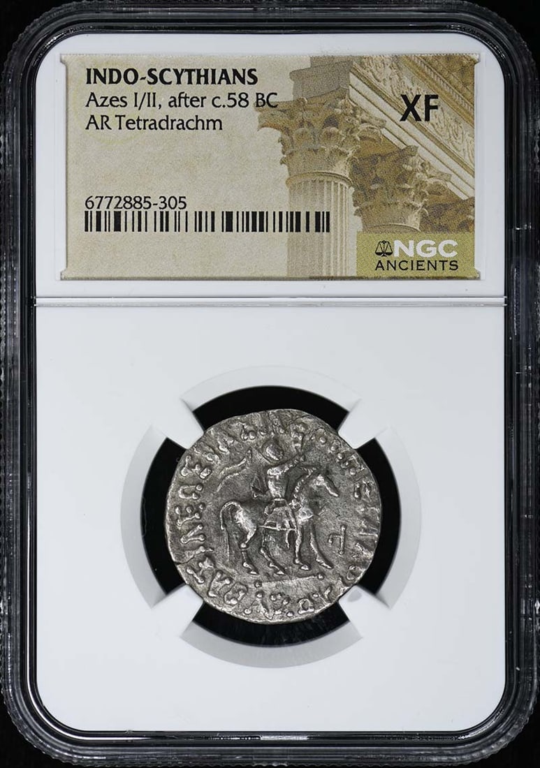after c.58 BC INDO-SCYTHIANS AR Tetradrachm NGC XF - Azes I/ II: after c.58 BC INDO-SCYTHIANS AR Tetradrachm NGC XF - Azes I/ II Experience the rich history of the Indo-Scythians with this rare and well-certified Azes I/II Ar Tetradrachm, minted in Italy around 58