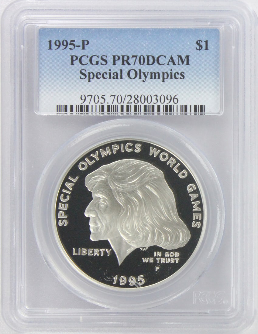 1995-P Special Olympics Commemorative Dollar PCGS Proof 70 Deep Cameo: 1995-P Special Olympics Commemorative Dollar PCGS Proof 70 Deep Cameo Get ready to own a piece of history with the 1995-P Special Olympics Commemorative Dollar, graded PR70 Deep Cameo by PCGS. This st