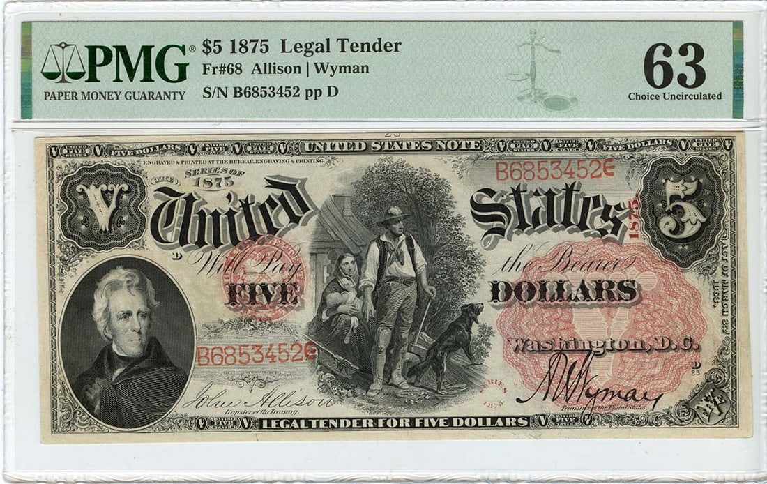 1875 $5 Legal Tender Note (FR#68) - PMG CU63: 1875 $5 Legal Tender Note (FR#68) - PMG CU63 This 1875 $5 Legal Tender Note, certified by PMG as MS63 and graded CU63, is an exceptional example of early American currency. With its crisp condition an