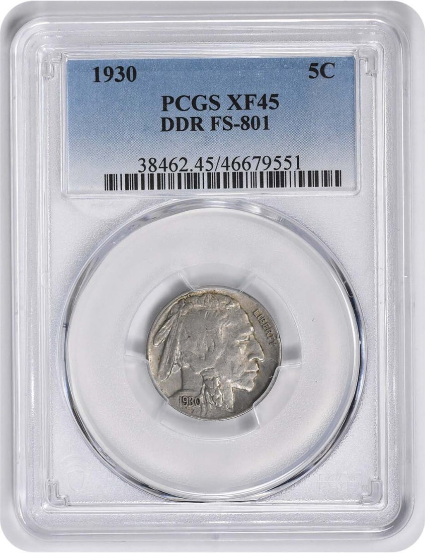 EF45PCGS 1930 Buffalo Nickel DDR FS-801: EF45PCGS 1930 Buffalo Nickel DDR FS-801 A rare and highly sought-after 1930 Buffalo Nickel, graded XF by PCGS, is up for auction. This beautifully preserved circulated coin boasts the iconic Buffalo d