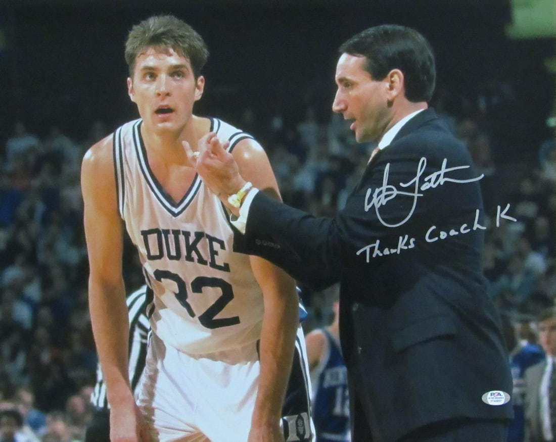167273 Christian Laettner Duke Signed/ Inscribed 16x20 w/ Coach K Photo PSA/ DNA: 167273 Christian Laettner Duke Signed/ Inscribed 16x20 w/ Coach K Photo PSA/ DNA Meet the ultimate piece of Duke basketball history - a 16x20 signed and inscribed photo of Christian Laettner, the lege