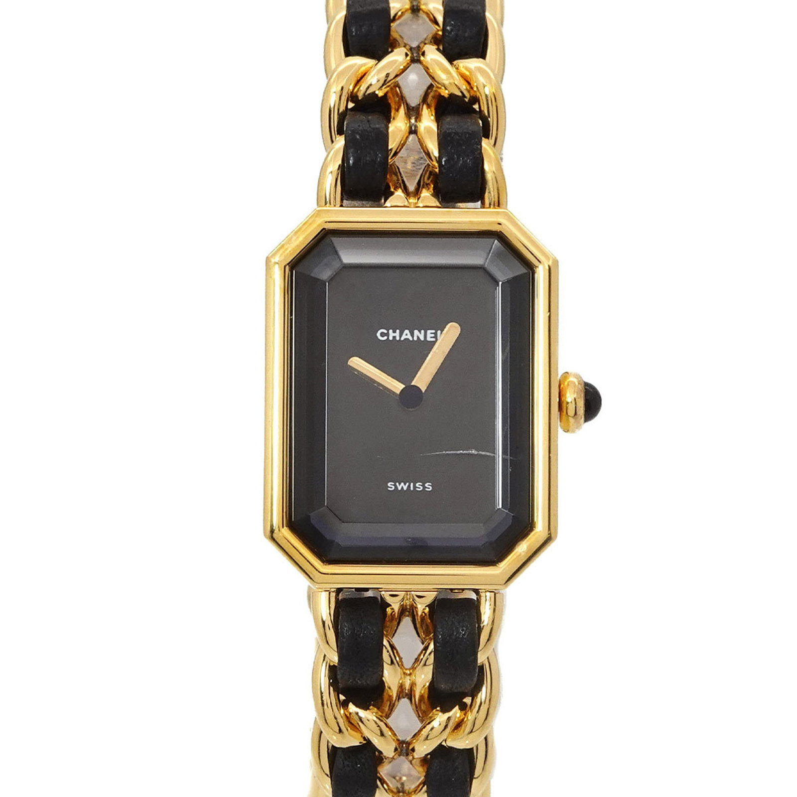 Wristwatch Chanel: Wristwatch Chanel A stunning Chanel wristwatch, crafted from gold plated materials and adorned with sleek black leather and stainless steel accents, sits proudly on the wrist. With its 20mm case diame