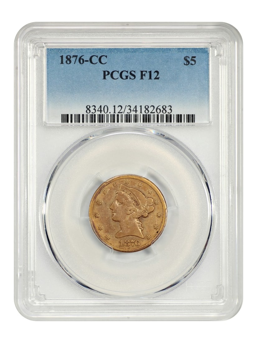 1876-CC $5 Liberty Head PCGS Fine 12: 1876-CC $5 Liberty Head PCGS Fine 12 A rare and highly sought-after 1876-CC $5 Liberty Head, graded PCGS Fine 12, is up for auction. This circulated coin boasts a striking MS Mint strike type, making