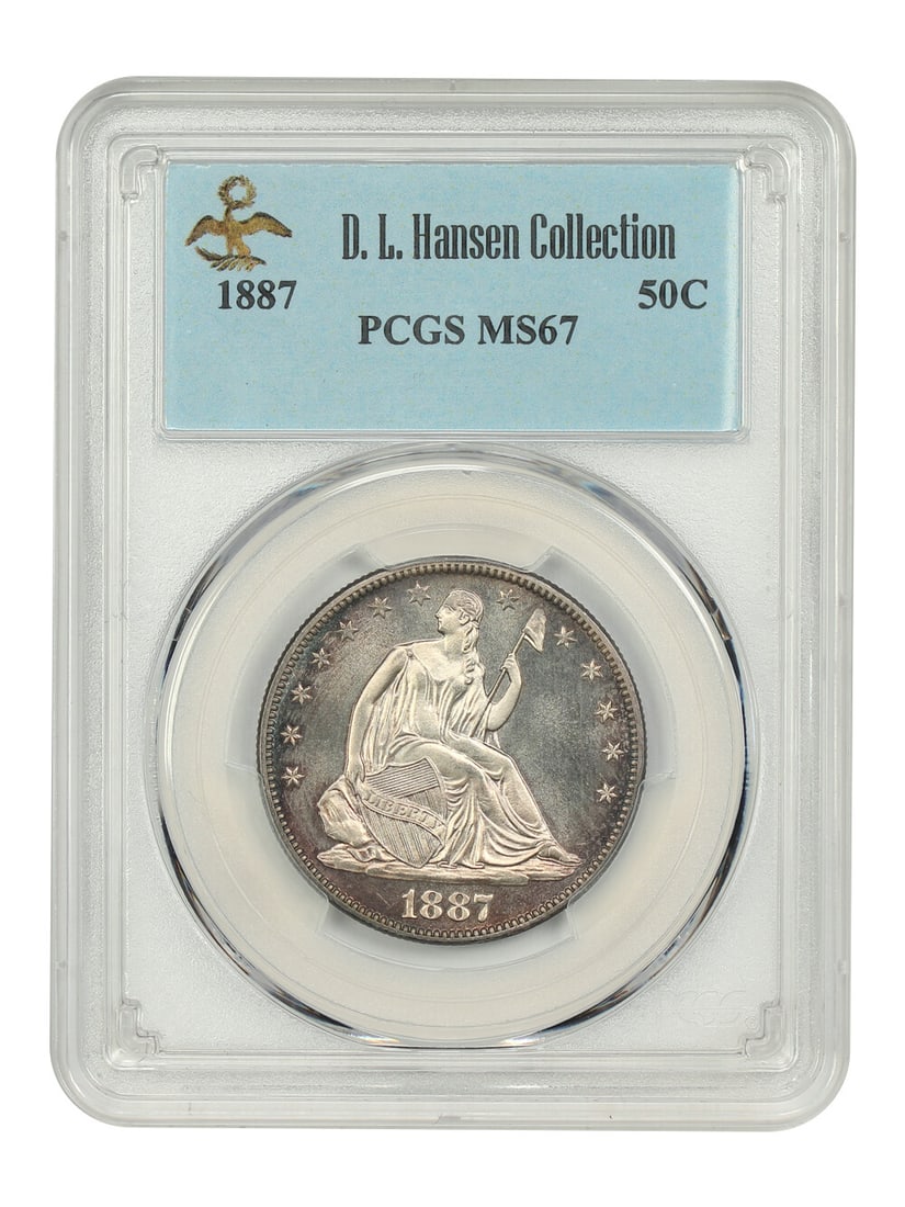 Hansen 1887 50C PCGS MS67 ex: D.L.: Hansen 1887 50C PCGS MS67 ex: D.L. A stunning example of American numismatics, this 1887 half dollar boasts a PCGS MS67 grade, indicating exceptional condition and rarity. Certified by the renowned Pr