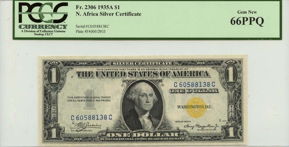 PPQ 1935A $1 N. Africa Silver Certificate FR#2306 PCGS GEM 66: PPQ 1935A $1 N. Africa Silver Certificate FR#2306 PCGS GEM 66 A rare and highly graded $1 bill from 1935, the PPQ 1935A Silver Certificate is a true treasure for collectors. With its stunning MS66 gra