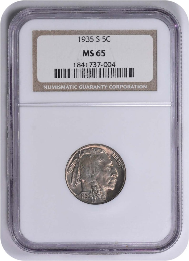 NGC 1935-S Buffalo Nickel MS65: NGC 1935-S Buffalo Nickel MS65 Experience the majesty of the American Buffalo Nickel, certified MS65 by the Numismatic Guaranty Corporation (NGC). This stunning 1935-S coin boasts exceptional detail a