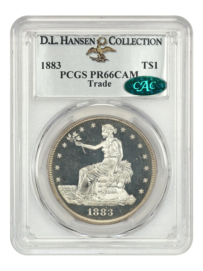 Hansen 1883 Trade $1 PCGS/ CAC PR66CAM ex: D.L.: Hansen 1883 Trade $1 PCGS/ CAC PR66CAM ex: D.L. A rare and highly sought-after 1883 Trade Dollar, graded PR66CAM by PCGS and CAC, is up for auction. This stunning example boasts pristine condition and