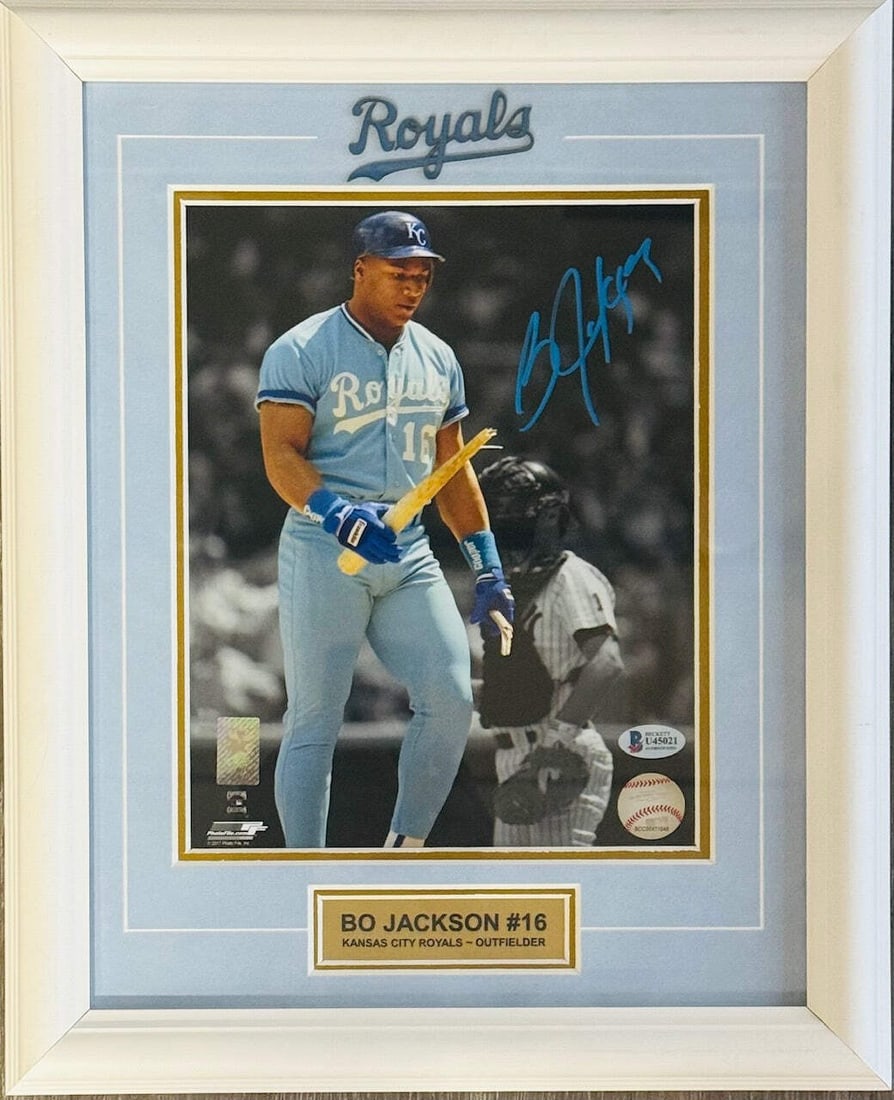 (Beckett) Bo Jackson Autographed 8x10 Royals Framed Photo: (Beckett) Bo Jackson Autographed 8x10 Royals Framed Photo Experience the electrifying presence of Bo Jackson in this rare and authentic autographed 8x10 framed photo, certified by James Spence Authent