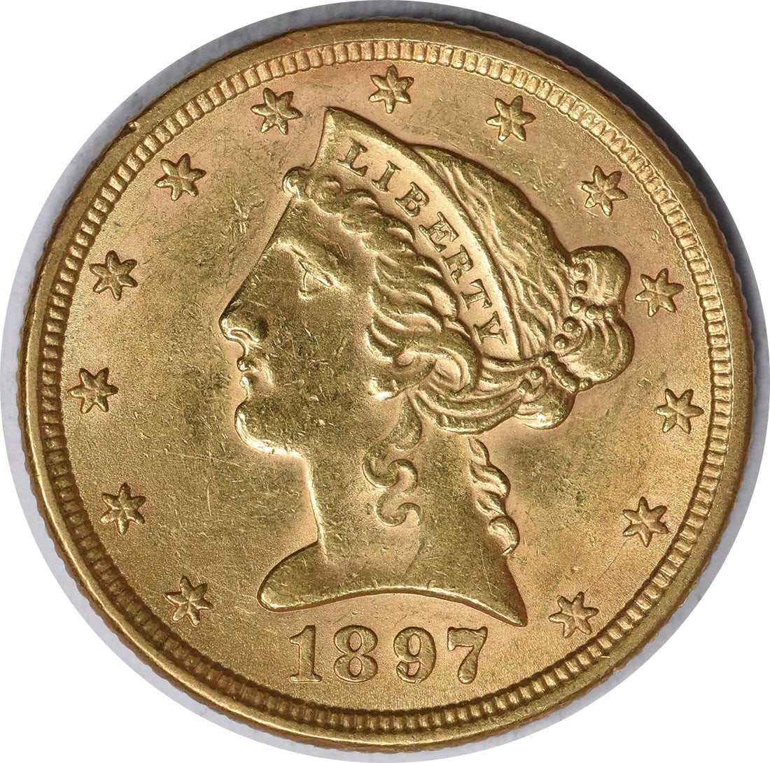 Uncertified 1897 $5 Gold Liberty Head AU Slider: Uncertified 1897 $5 Gold Liberty Head AU Slider A stunning example of American numismatics, this 1897 $5 Gold Liberty Head AU Slider is a rare and valuable circulated piece with a rich history. With i