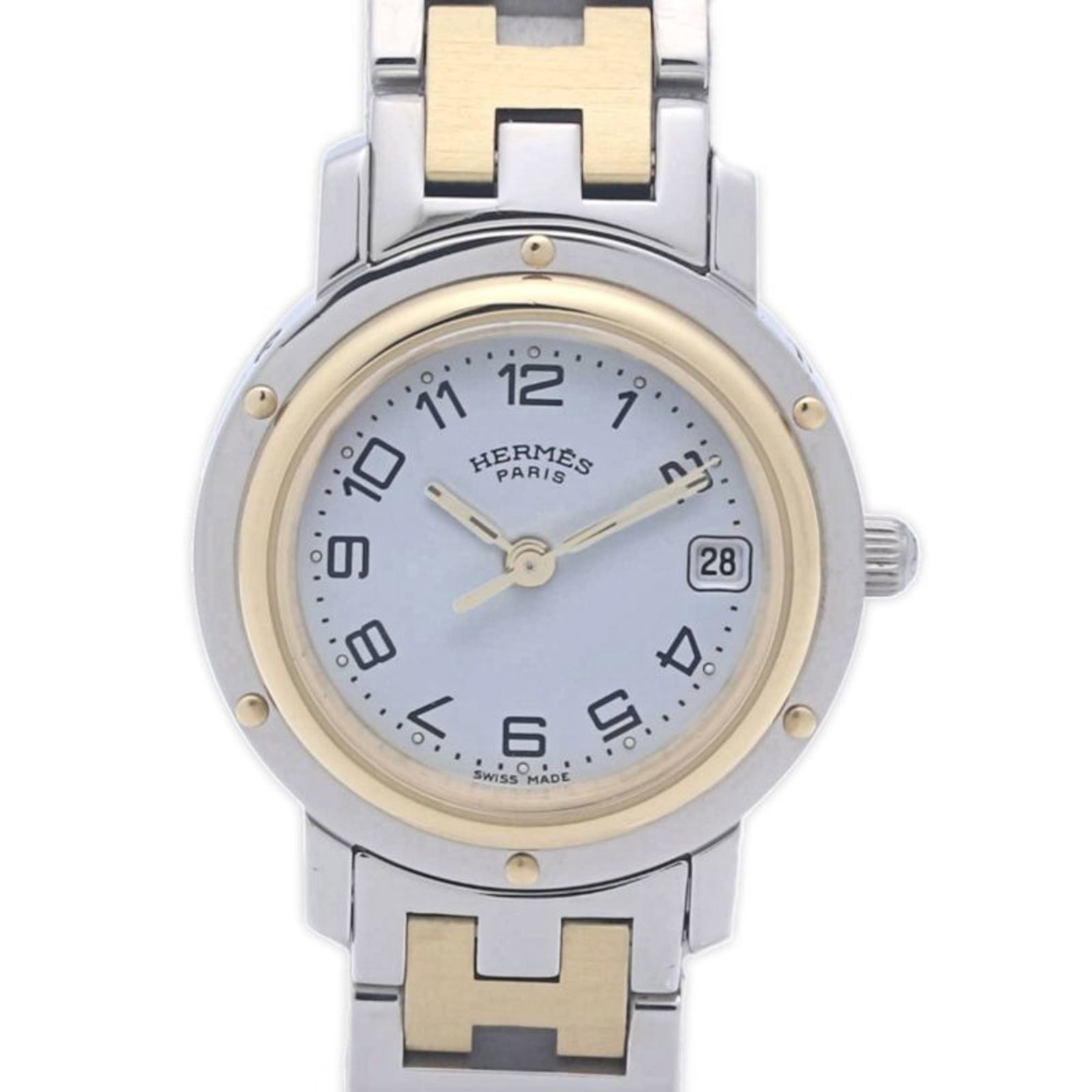 Wristwatch Hermes: Wristwatch Hermes A stunning gold plated Hermes wristwatch, boasting a sleek 24mm white dial and durable stainless steel case and band, is up for grabs. With its classic design and high-quality materi
